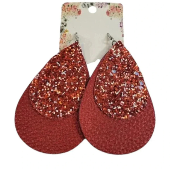2 Layer Red Sparkle Faux Leather Dangle Chic Lightweight Earrings  2rd9 - Picture 2 of 6